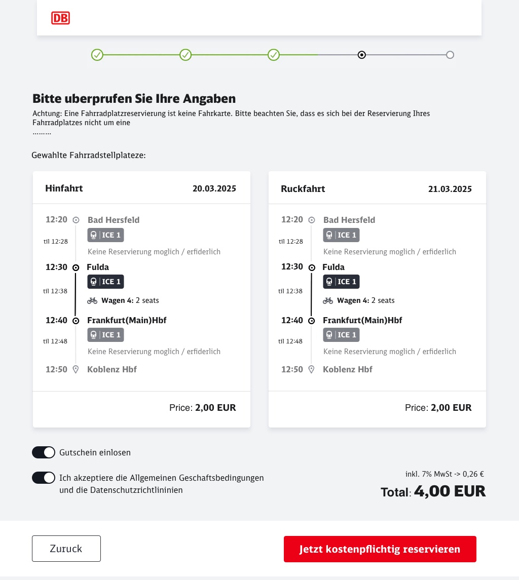 Deutsche Bahn confirmation page, double trip