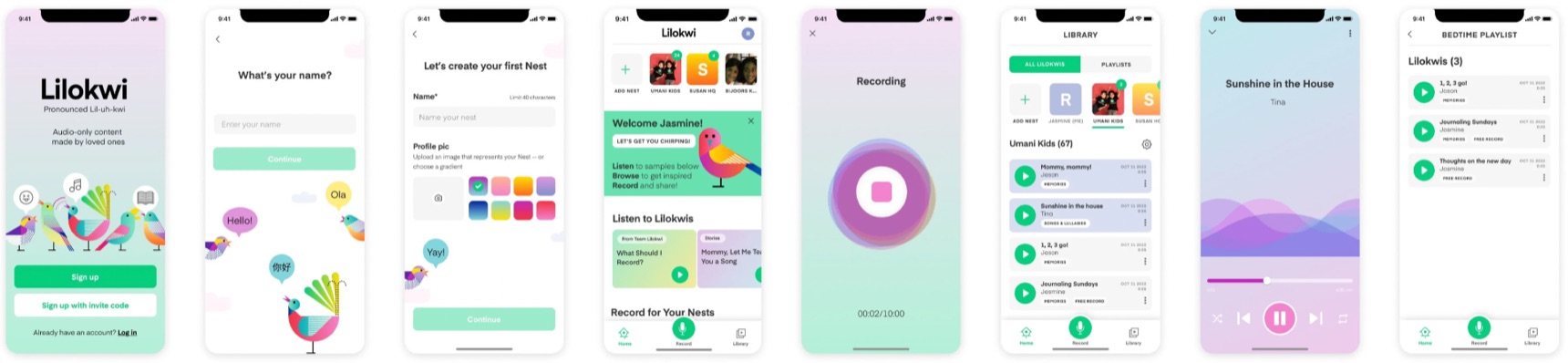 Lilokwi app: onboarding, recording, library, and playback screens