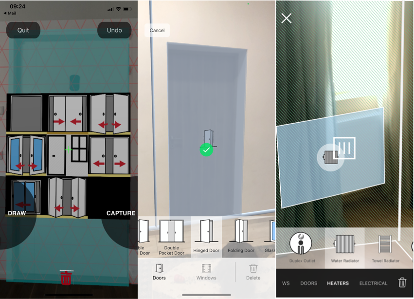 AR Capture interface: object selection, door placement, and element menus