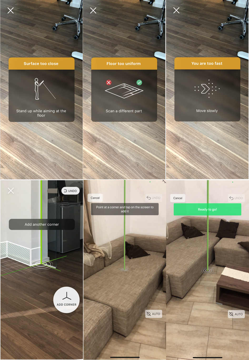AR Capture workflow: warning overlays and corner detection steps