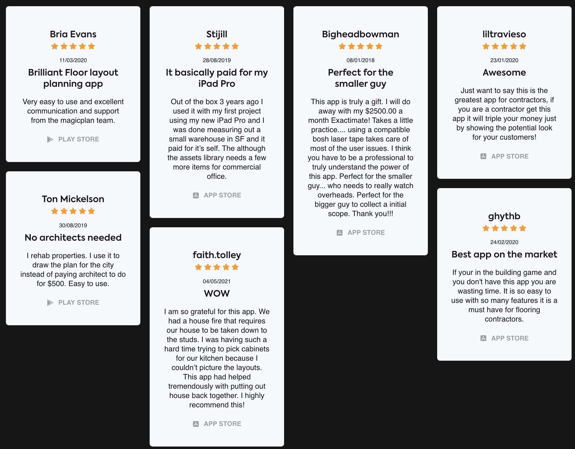 App Store and Google Play reviews showing positive user feedback