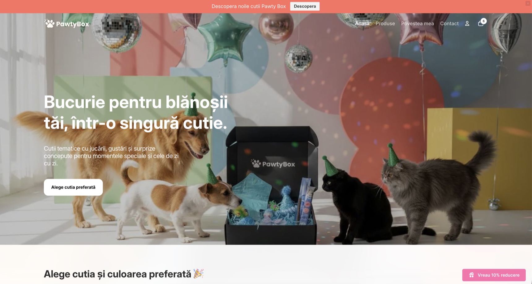 Pawty Box hero: pets with party hats and branded box